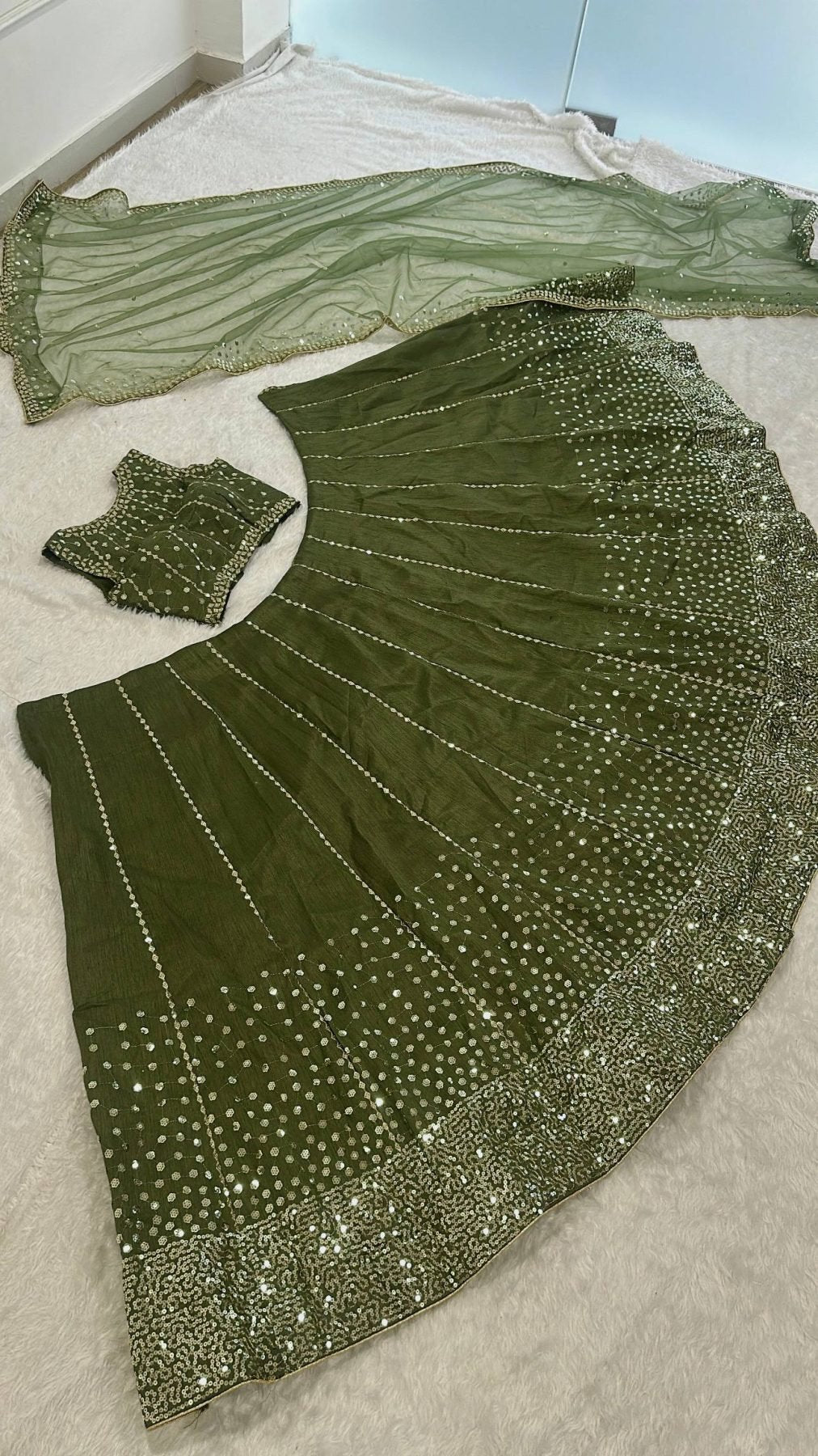 Olive Party Wear Lehenga with Sequins Work for Special Occasions back view