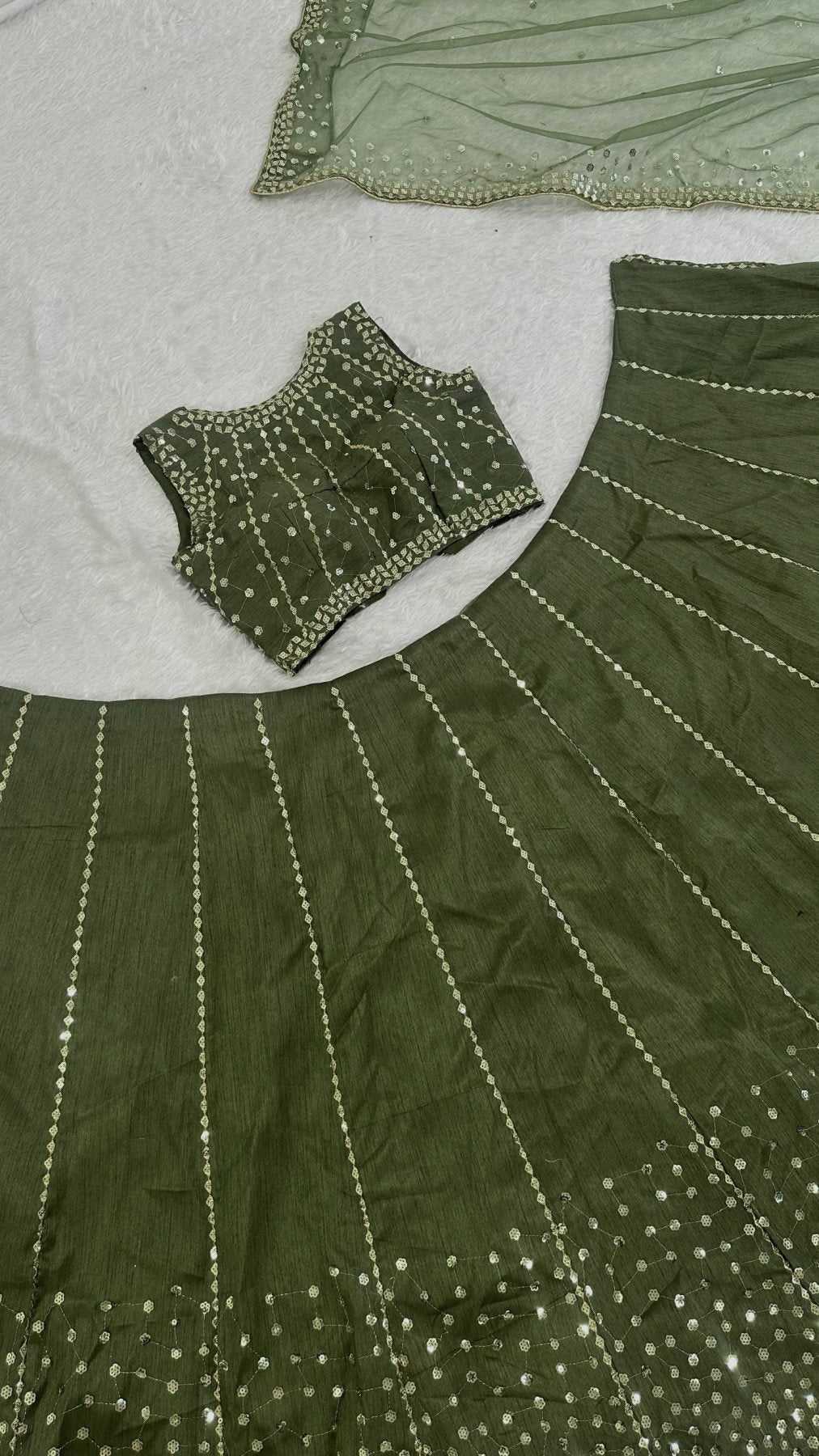 Olive Party Wear Lehenga with Sequins Work for Special Occasions front view