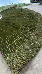 Olive Party Wear Lehenga with Sequins Work for Special Occasions full drape view