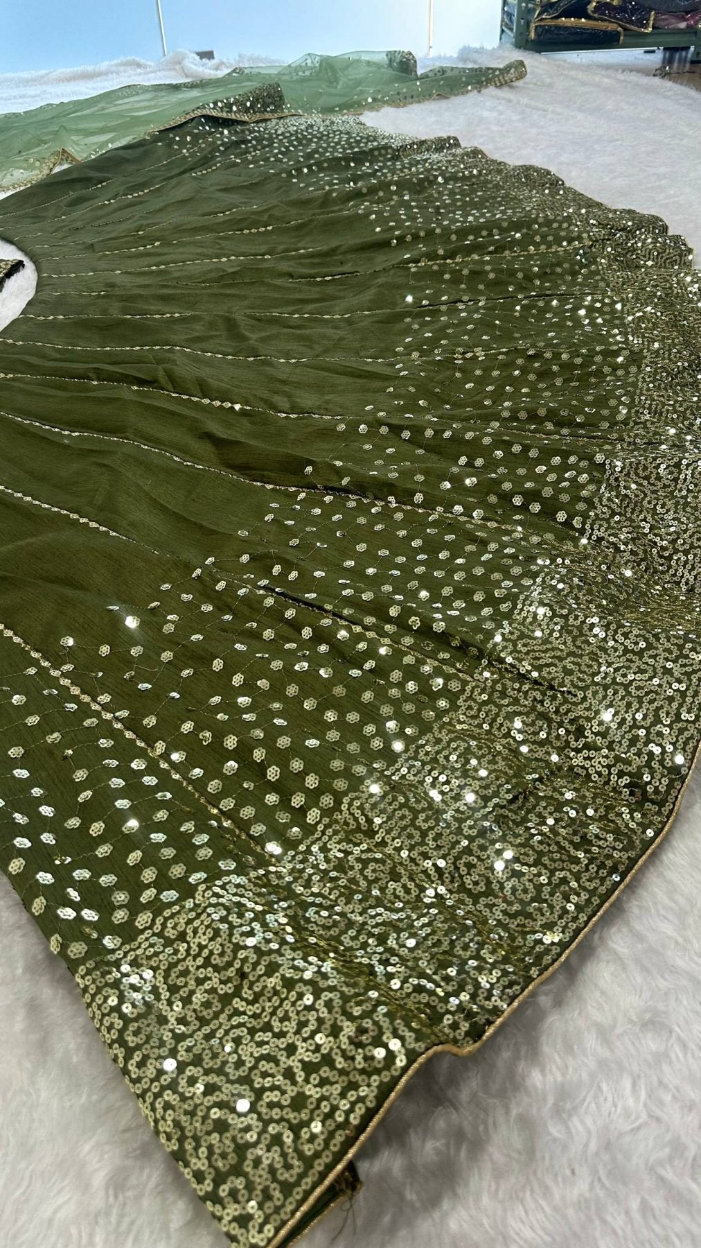 Olive Party Wear Lehenga with Sequins Work for Special Occasions full drape view