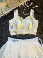 White Georgette Lehenga Choli with Hand Painted Floral Print full drape view