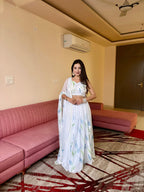 White Georgette Lehenga Choli with Hand Painted Floral Print blouse and dupatta detail