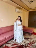 White Georgette Lehenga Choli with Hand Painted Floral Print embroidery close-up