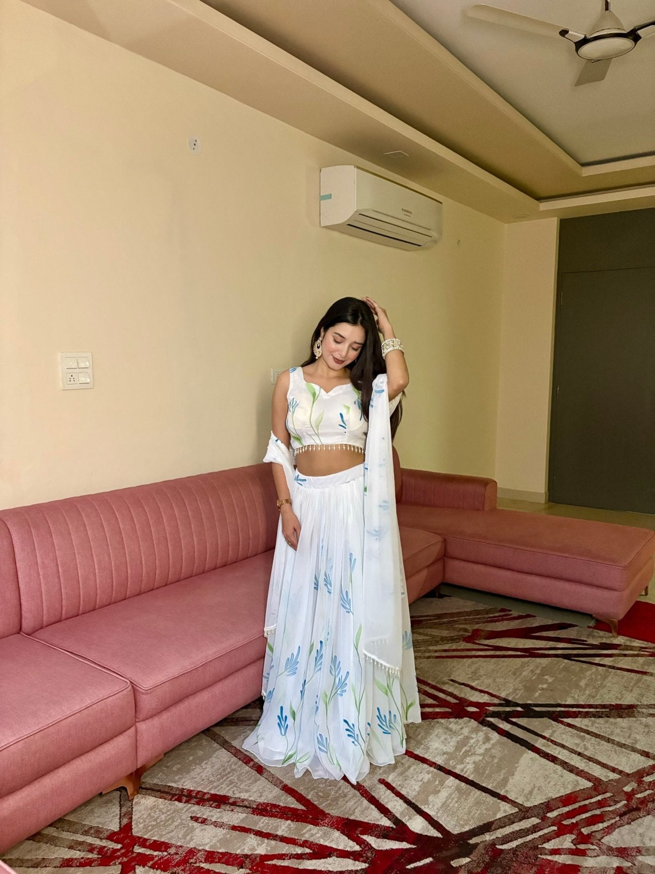 White Georgette Lehenga Choli with Hand Painted Floral Print fabric texture detail