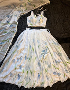 White Georgette Lehenga Choli with Hand Painted Floral Print front view