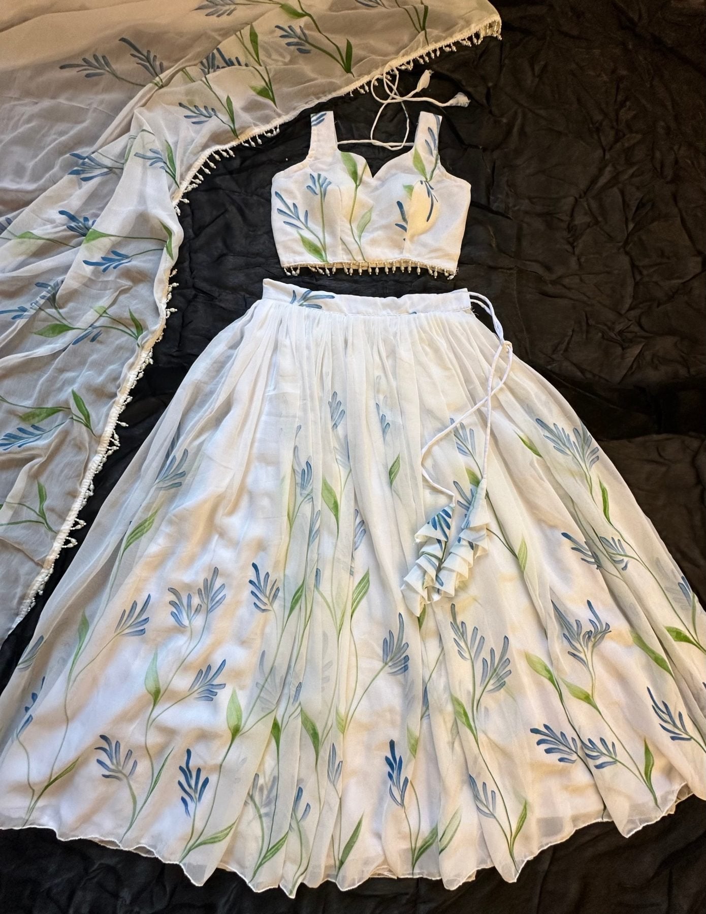 White Georgette Lehenga Choli with Hand Painted Floral Print front view