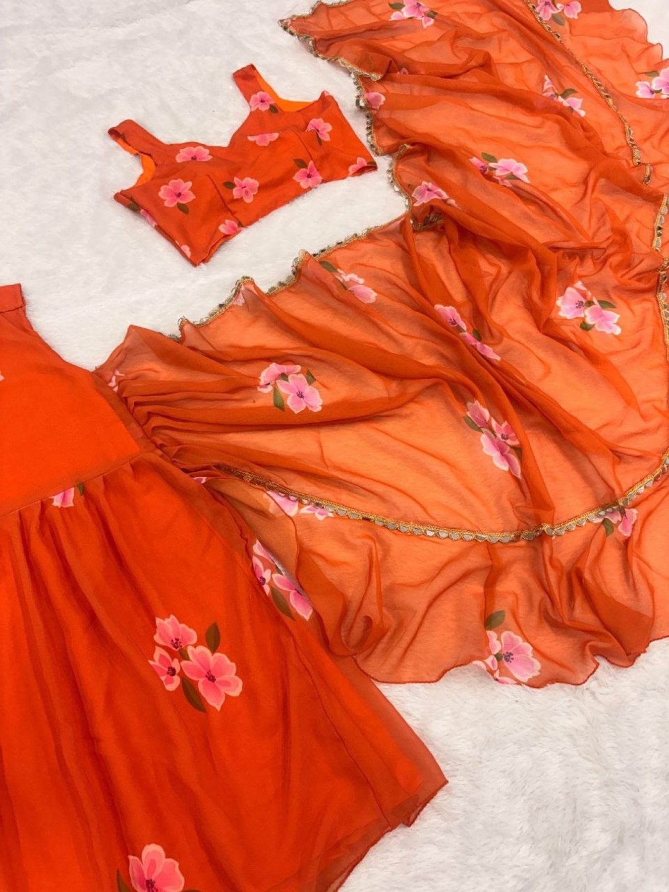 Orange Georgette Lehenga Saree with Real Mirror Lace for Wedding Functions blouse and dupatta detail