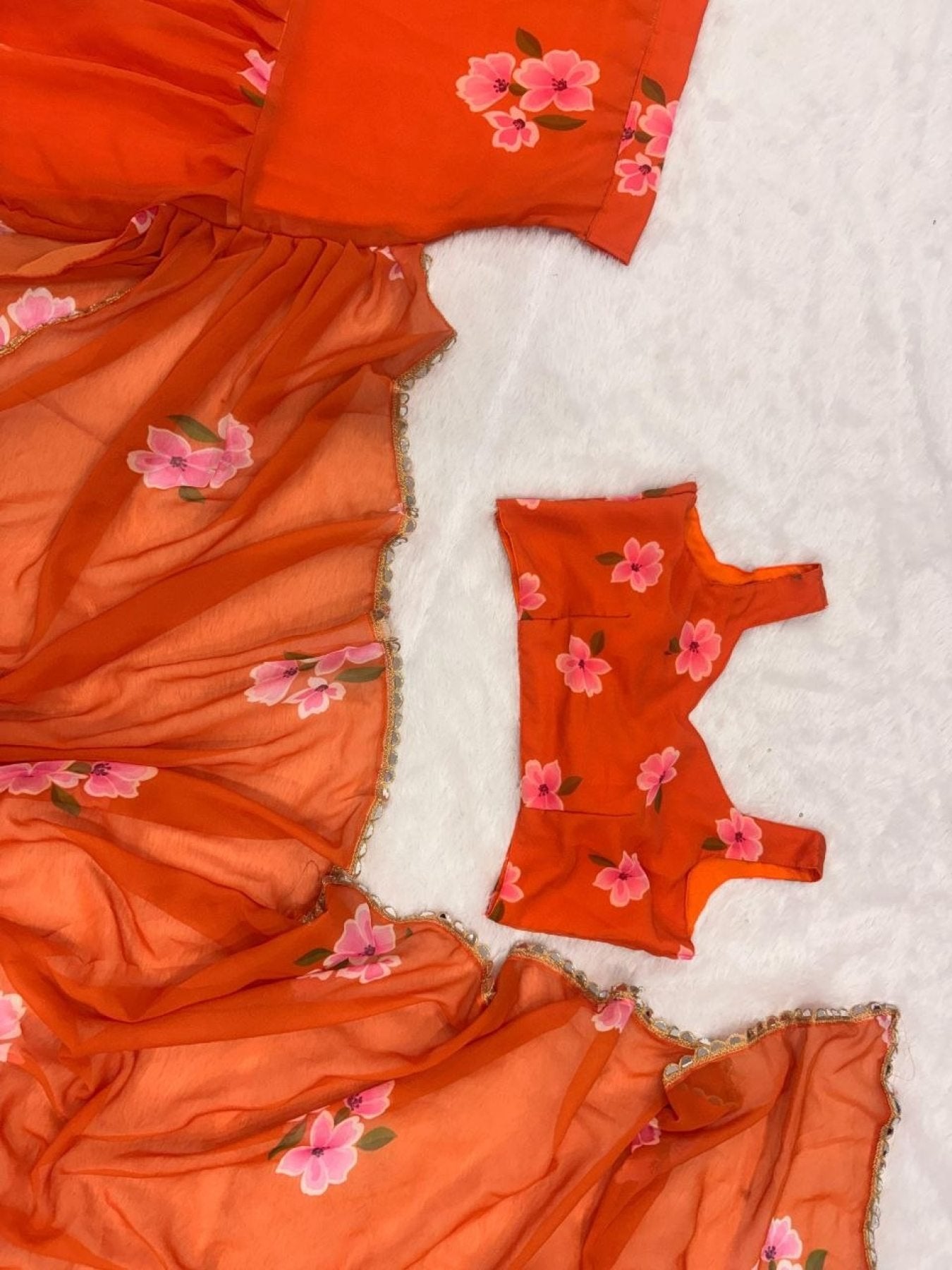 Orange Georgette Lehenga Saree - detail view 12
