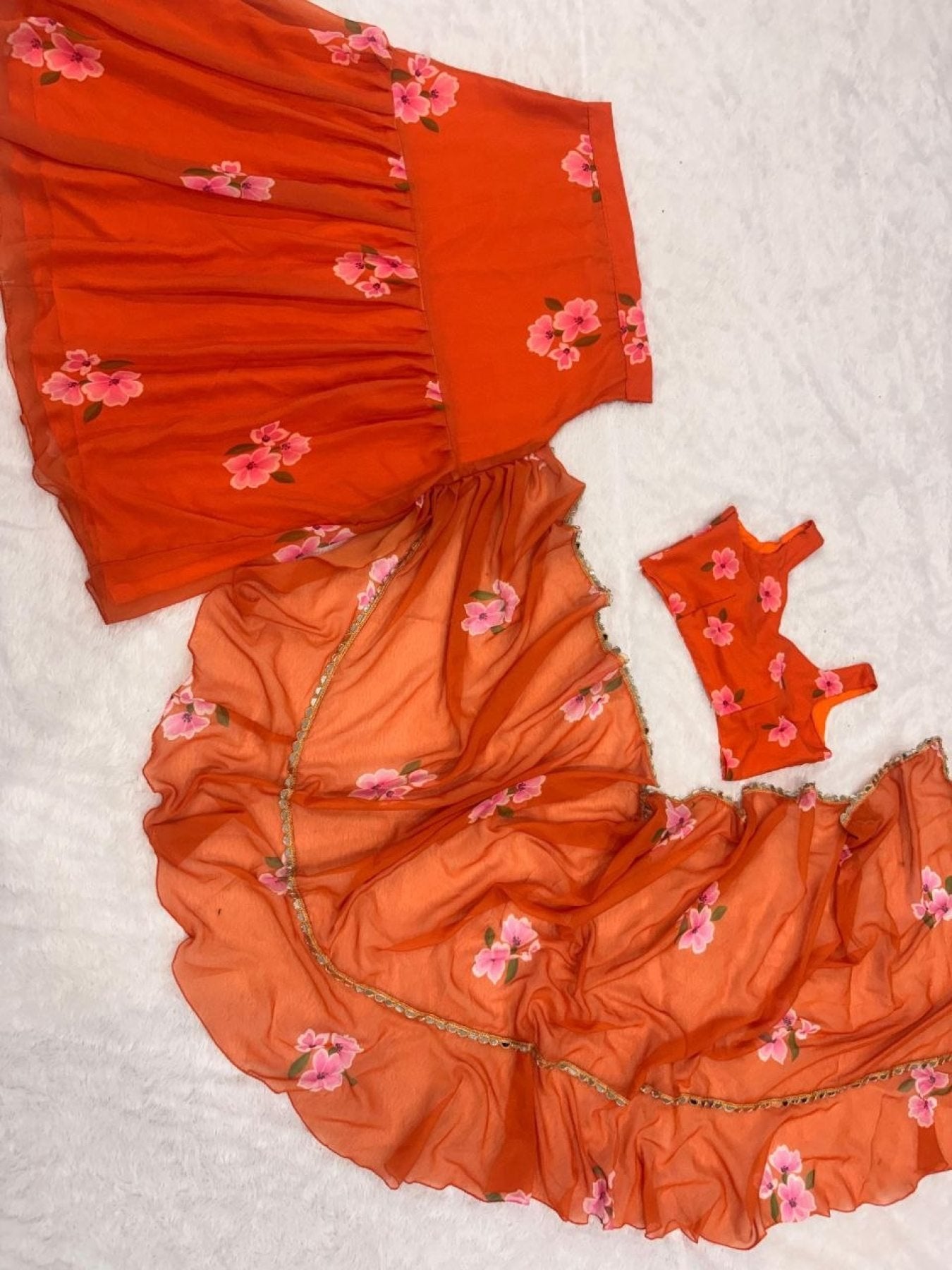 Orange Georgette Lehenga Saree - detail view 13