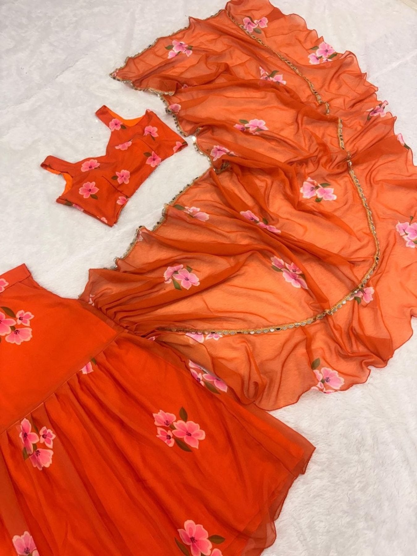 Orange Georgette Lehenga Saree with Real Mirror Lace for Wedding Functions styling view