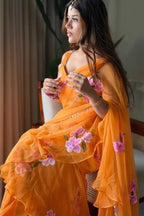 Orange Georgette Lehenga Saree - drape and pallu detail