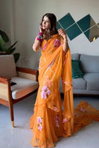 Orange Georgette Lehenga Saree - side drape view