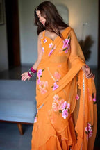Orange Georgette Lehenga Saree - blouse and border close-up