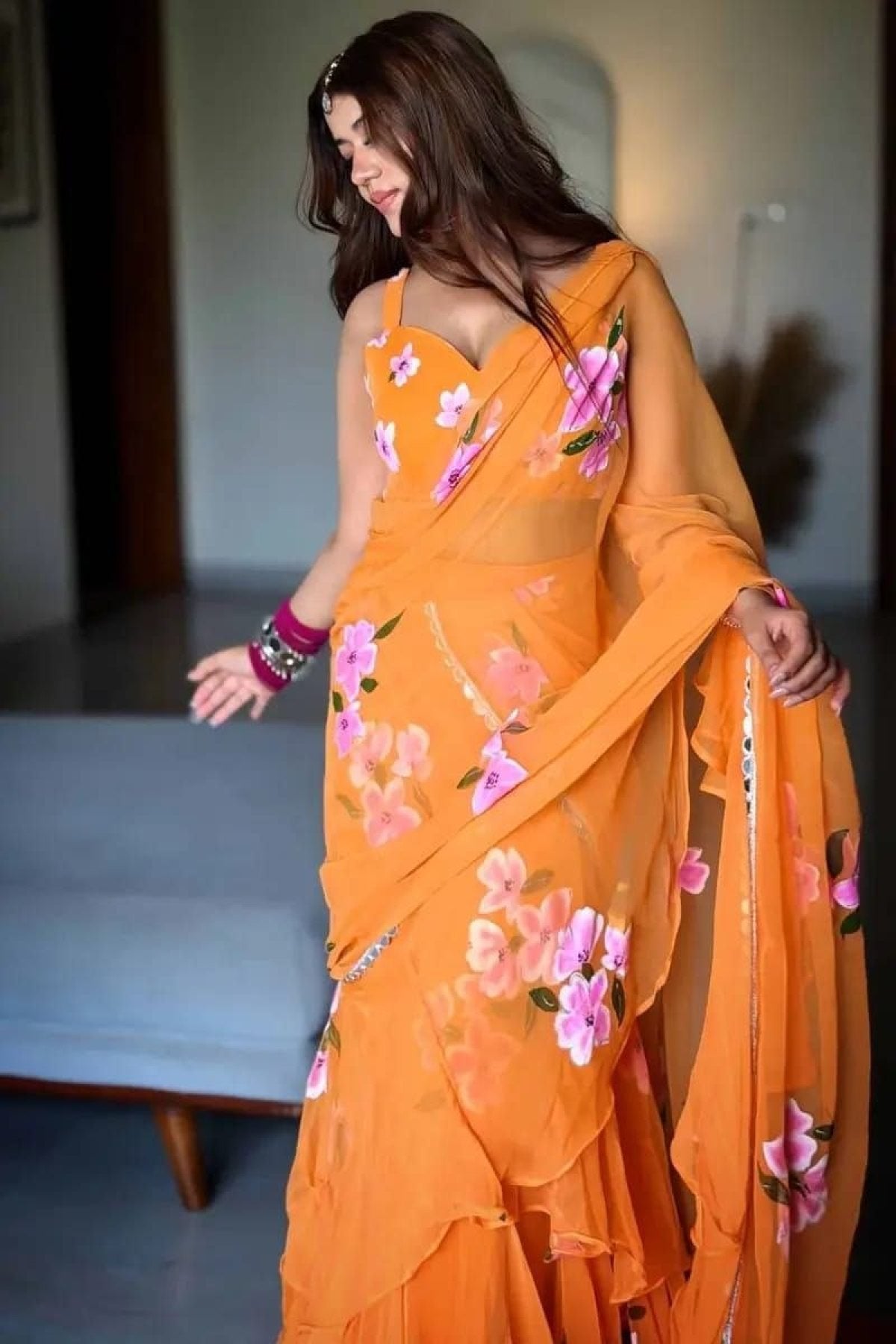 Orange Georgette Lehenga Saree - blouse and border close-up