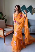 Orange Georgette Lehenga Saree - embroidery work detail