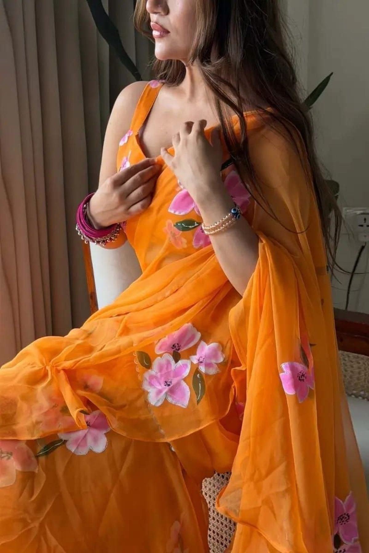 Orange Georgette Lehenga Saree - pallu design detail