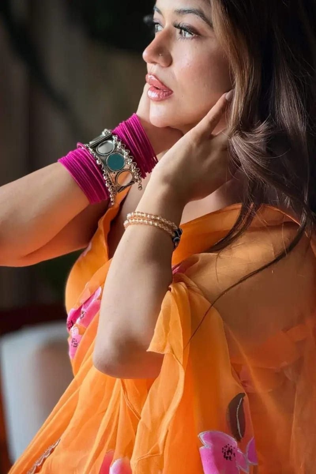Orange Georgette Lehenga Saree - back view