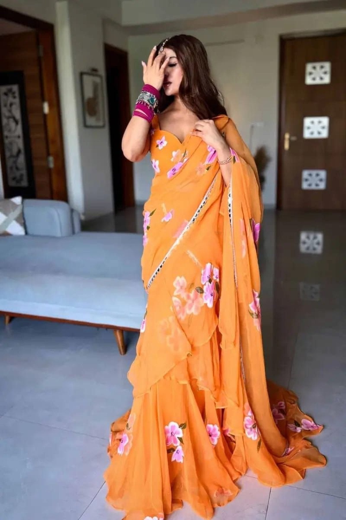 Orange Georgette Lehenga Saree - styling and accessories view
