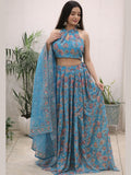 Organza Floral Printed Lehenga with Halter Neck Blouse for Party Wear for women | Snyvia