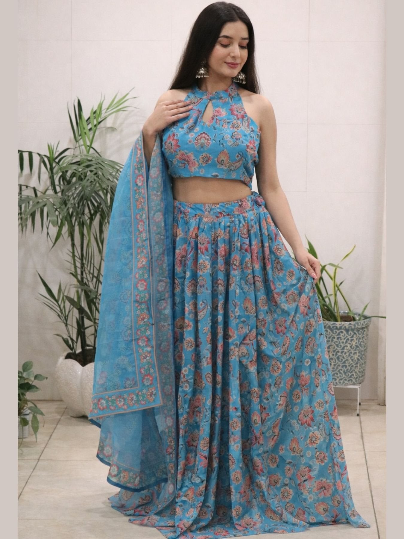 Organza Floral Printed Lehenga with Halter Neck Blouse for Party Wear for women | Snyvia
