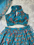 Blue Organza Floral Printed Lehenga with Halter Neck Blouse for Party Wear full drape view