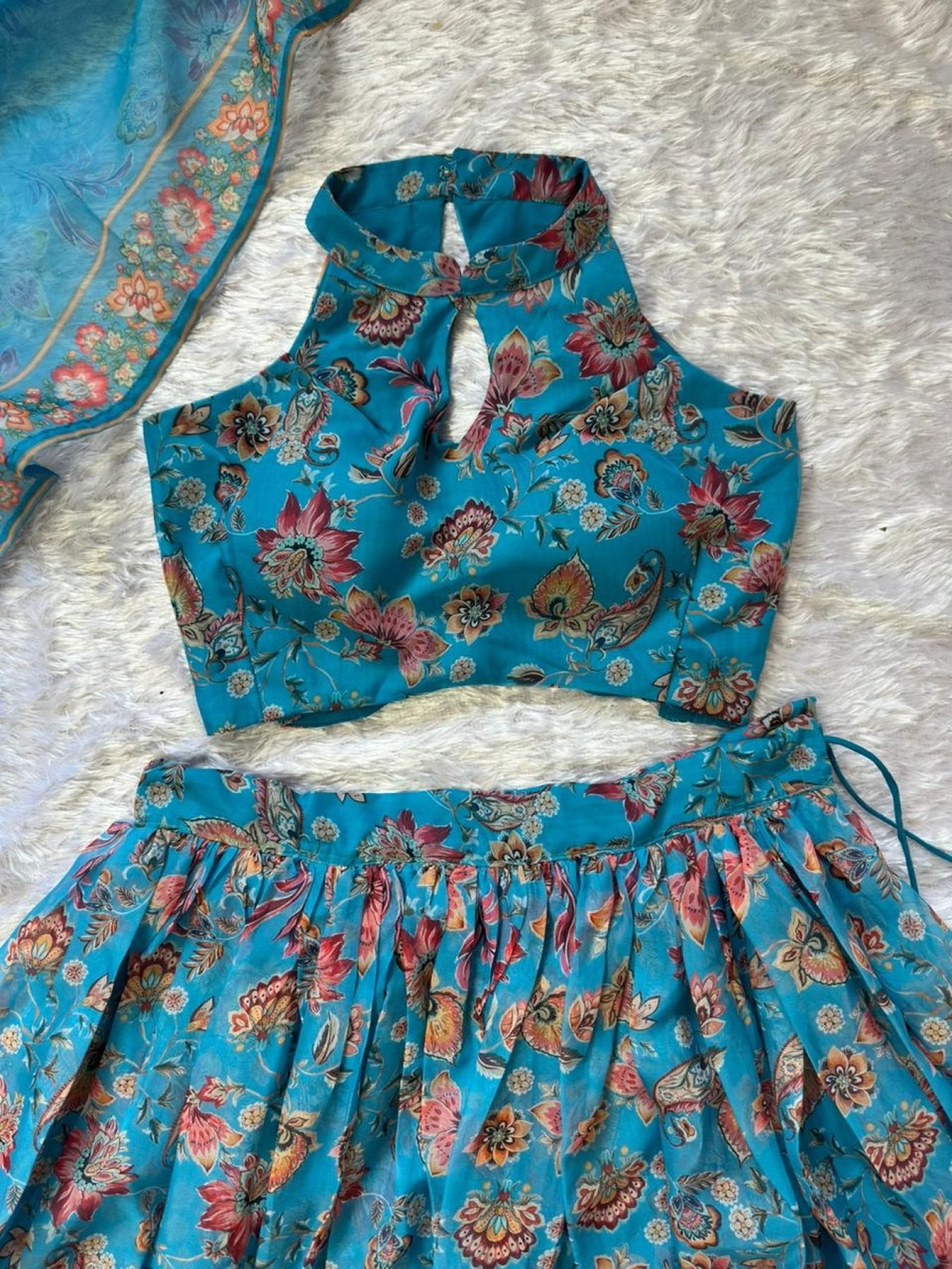 Blue Organza Floral Printed Lehenga with Halter Neck Blouse for Party Wear full drape view