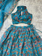 Blue Organza Floral Printed Lehenga with Halter Neck Blouse for Party Wear detailed view