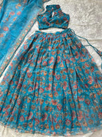 Blue Organza Floral Printed Lehenga with Halter Neck Blouse for Party Wear embroidery close-up