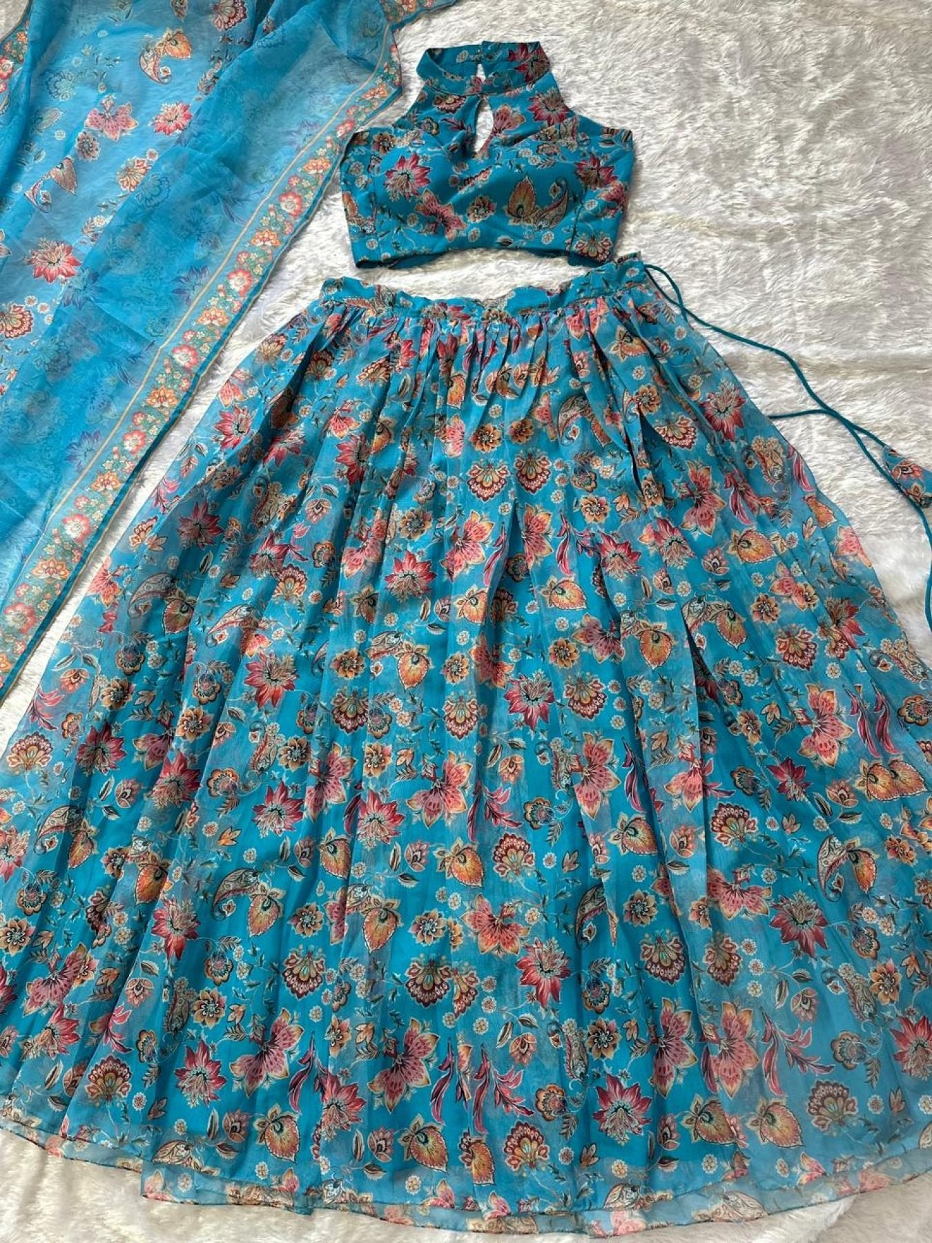 Blue Organza Floral Printed Lehenga with Halter Neck Blouse for Party Wear embroidery close-up