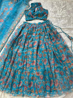 Blue Organza Floral Printed Lehenga with Halter Neck Blouse for Party Wear fabric texture detail