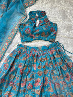 Blue Organza Floral Printed Lehenga with Halter Neck Blouse for Party Wear back view