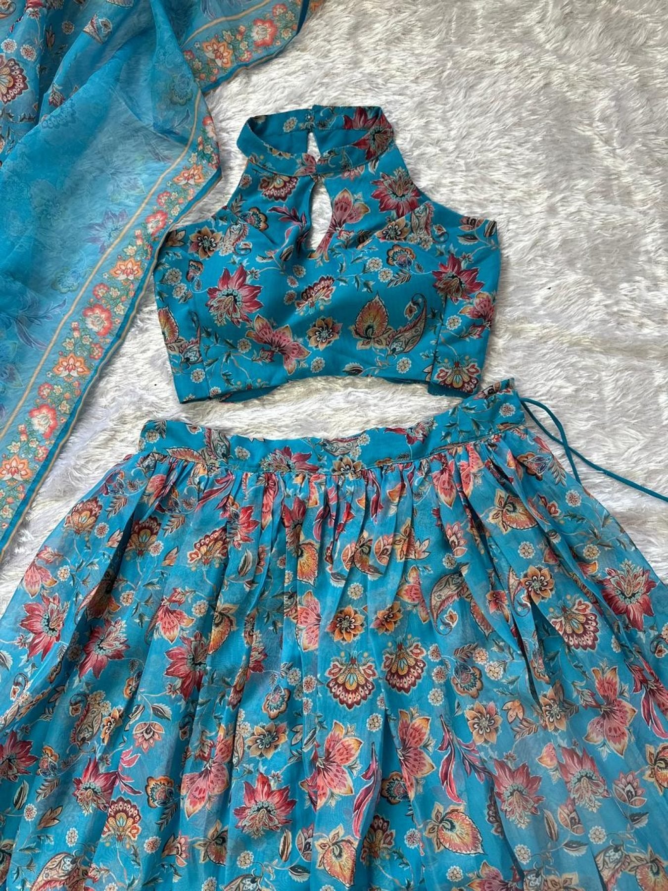 Blue Organza Floral Printed Lehenga with Halter Neck Blouse for Party Wear styling view