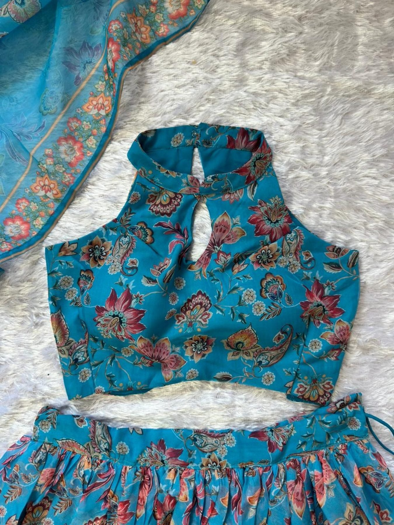 Blue Organza Floral Printed Lehenga with Halter Neck Blouse for Party Wear colour variant view