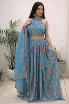 Blue Organza Floral Printed Lehenga with Halter Neck Blouse for Party Wear full drape view