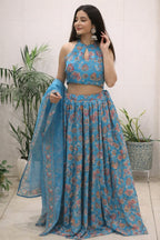 Blue Organza Floral Printed Lehenga with Halter Neck Blouse for Party Wear detailed view