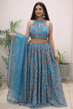 Blue Organza Floral Printed Lehenga with Halter Neck Blouse for Party Wear embroidery close-up