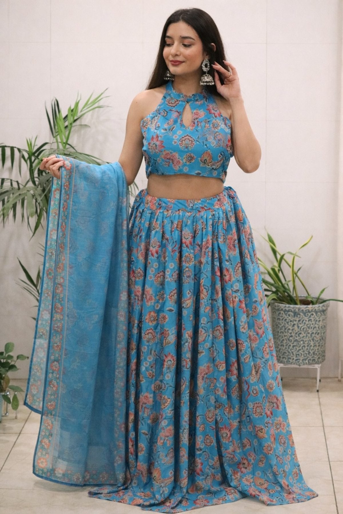 Blue Organza Floral Printed Lehenga with Halter Neck Blouse for Party Wear fabric texture detail