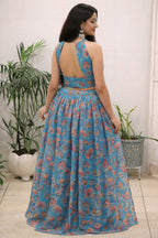 Blue Organza Floral Printed Lehenga with Halter Neck Blouse for Party Wear back view