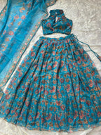 Blue Organza Floral Printed Lehenga with Halter Neck Blouse for Party Wear front view