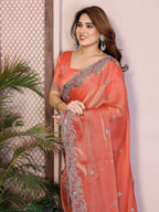 Orange Chiffon Saree - blouse and border close-up