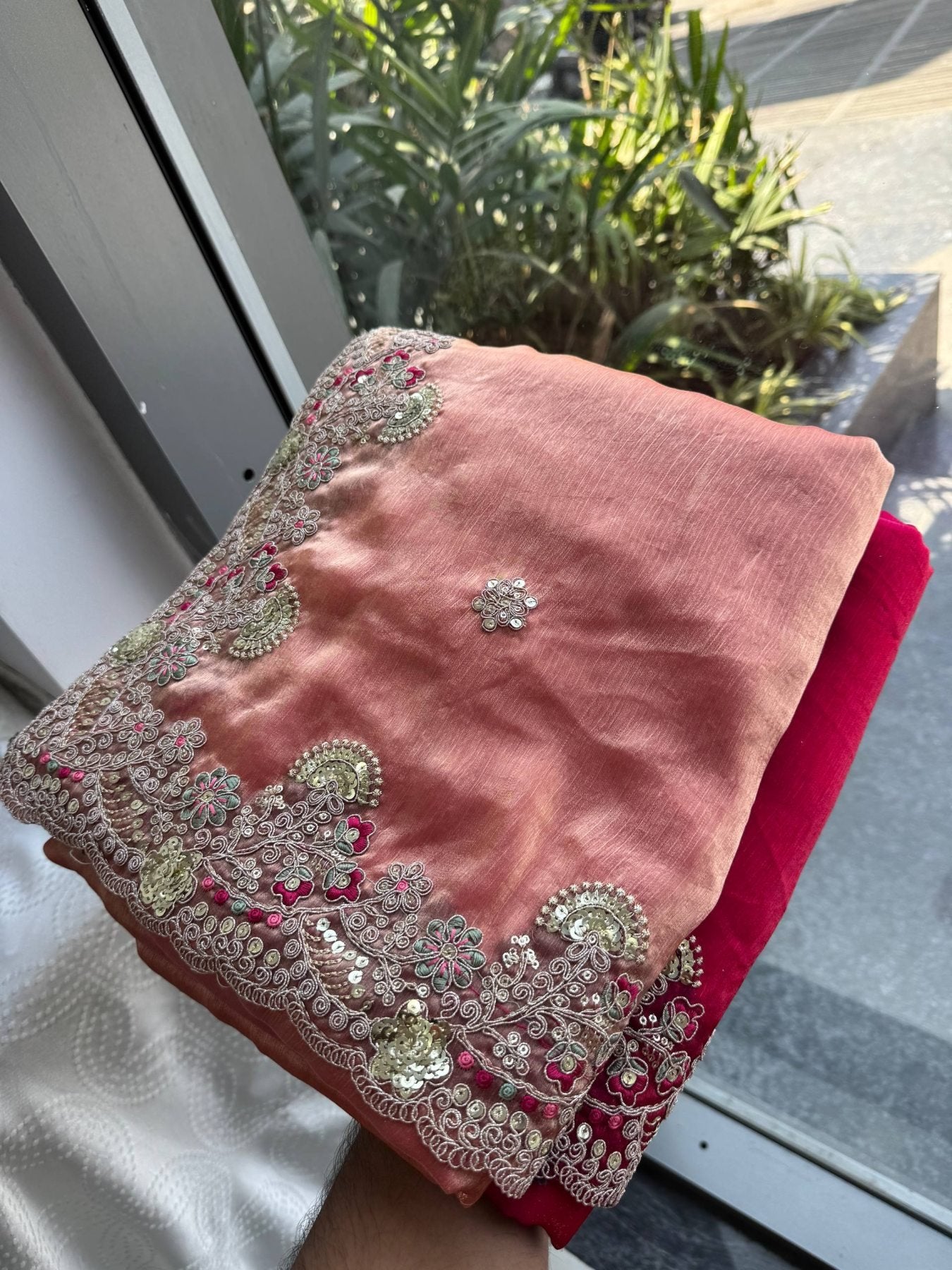 Orange Chiffon Saree - embroidery work detail