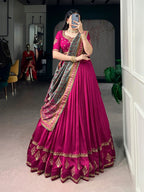 Vichitra Silk Lehenga Choli with Sequins Embroidery for Wedding Wear blouse and dupatta detail