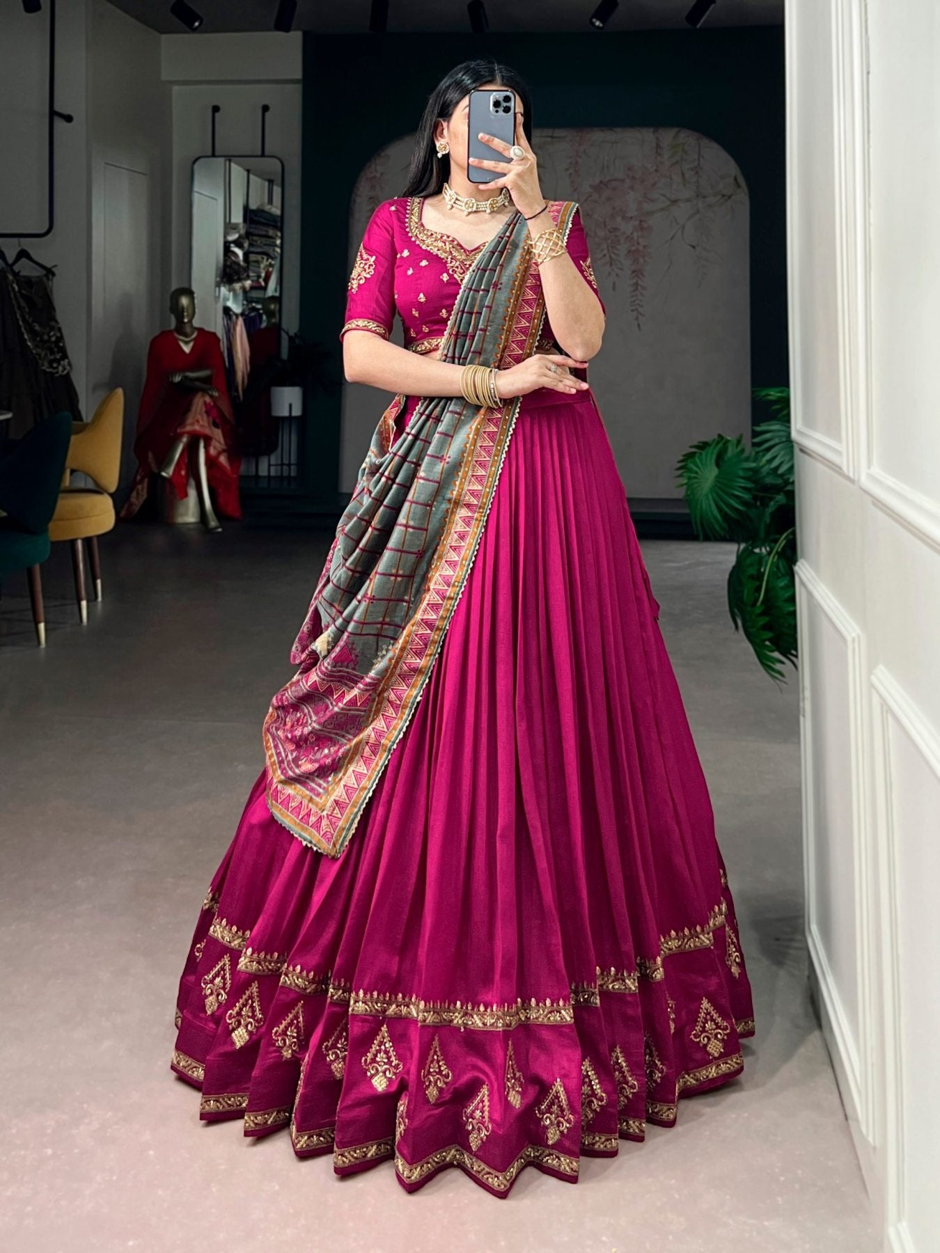 Vichitra Silk Lehenga Choli with Sequins Embroidery for Wedding Wear blouse and dupatta detail
