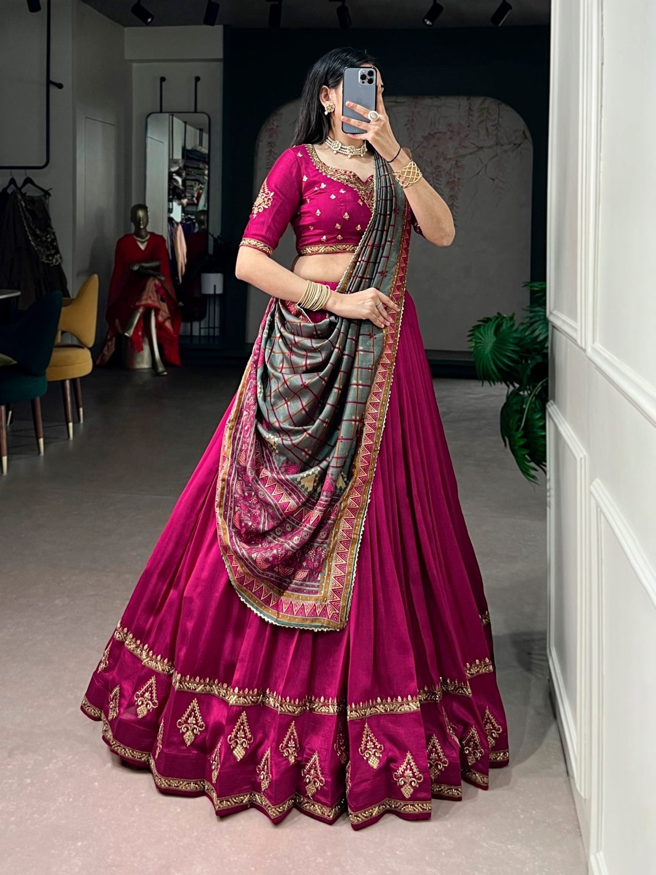 Vichitra Silk Lehenga Choli with Sequins Embroidery for Wedding Wear detailed view