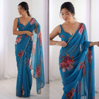 Teal Georgette Saree - drape and pallu detail