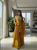 Yellow Chiffon Kurti with Embroidered Pant and Dupatta for women | Snyvia