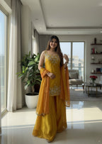 Yellow Chiffon Kurti with Embroidered Pant and Dupatta full set view