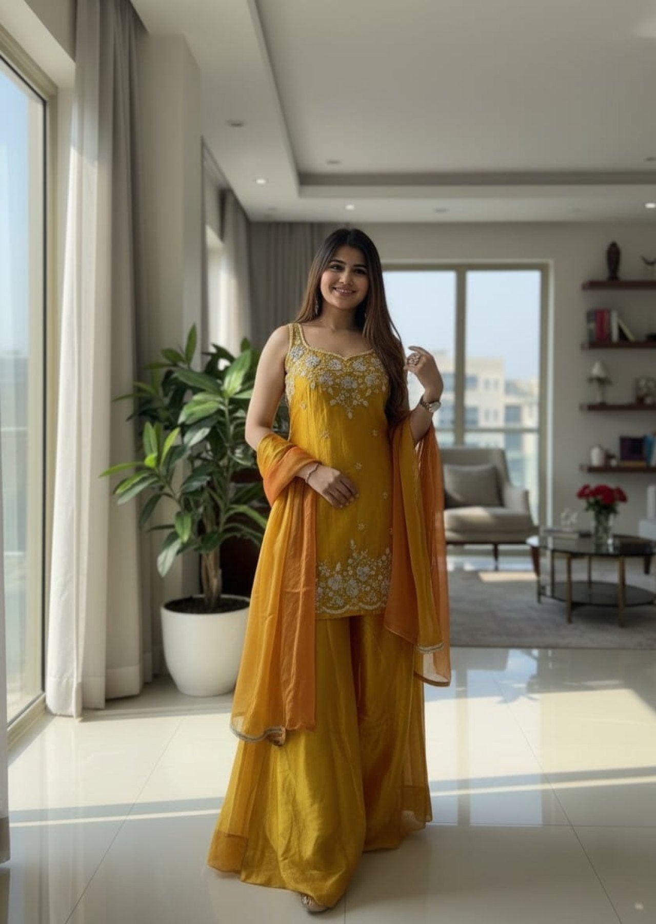 Yellow Chiffon Kurti with Embroidered Pant and Dupatta full set view