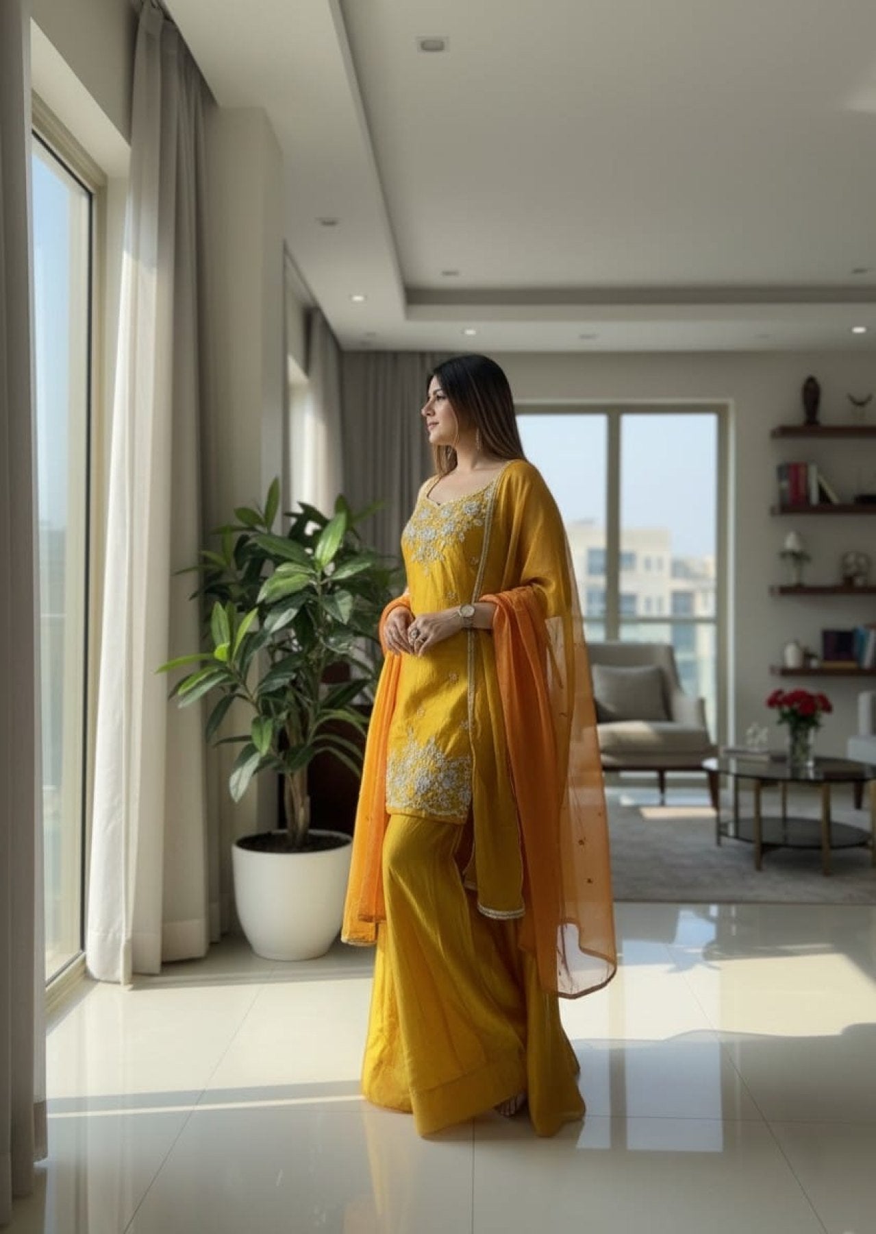 Yellow Chiffon Kurti with Embroidered Pant and Dupatta detailed view