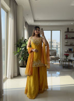 Yellow Chiffon Kurti with Embroidered Pant and Dupatta embroidery close-up